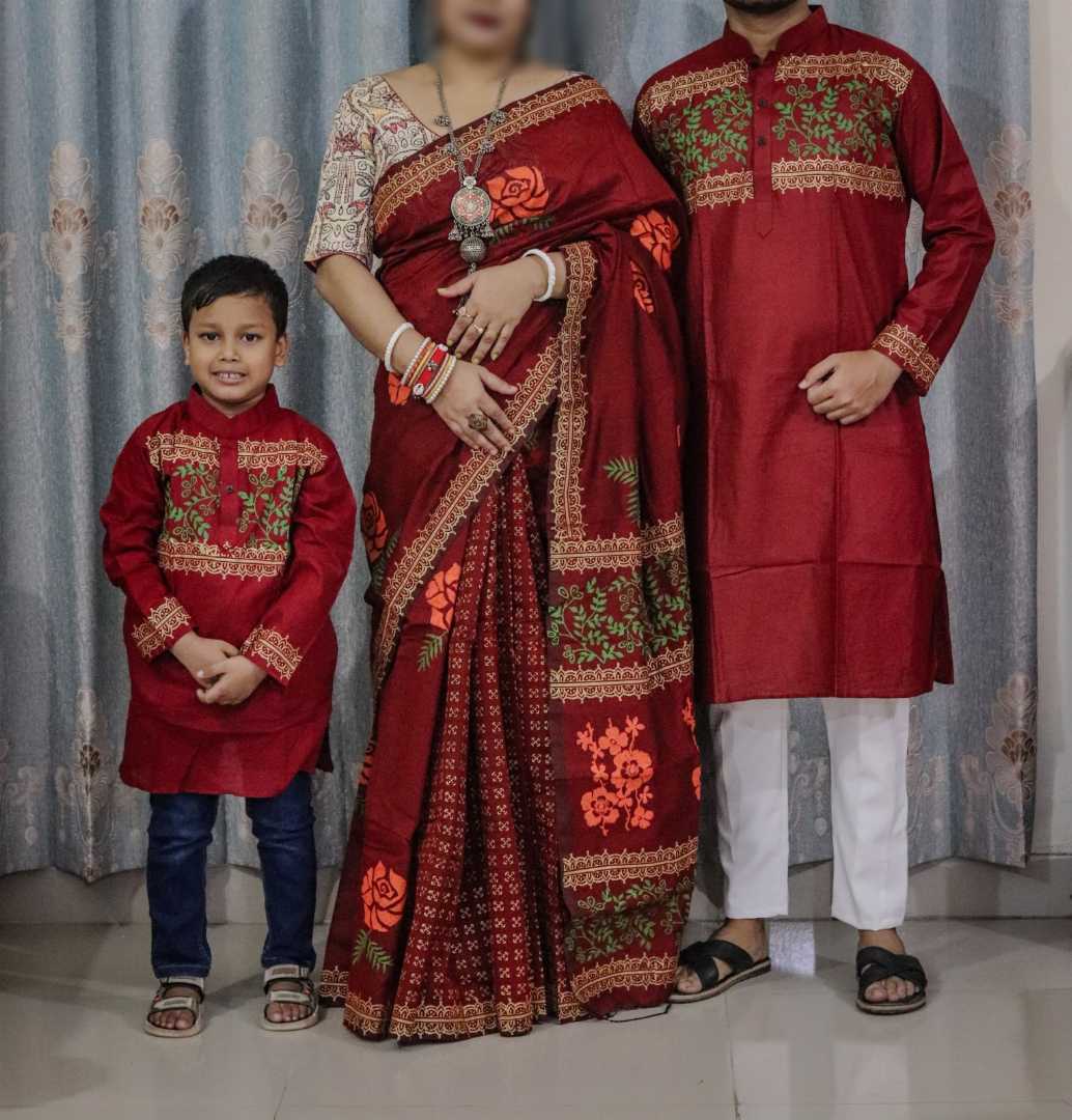 শাড়ী+সুতি,পাঞ্জাবি,ফ্যামিলি,সেট