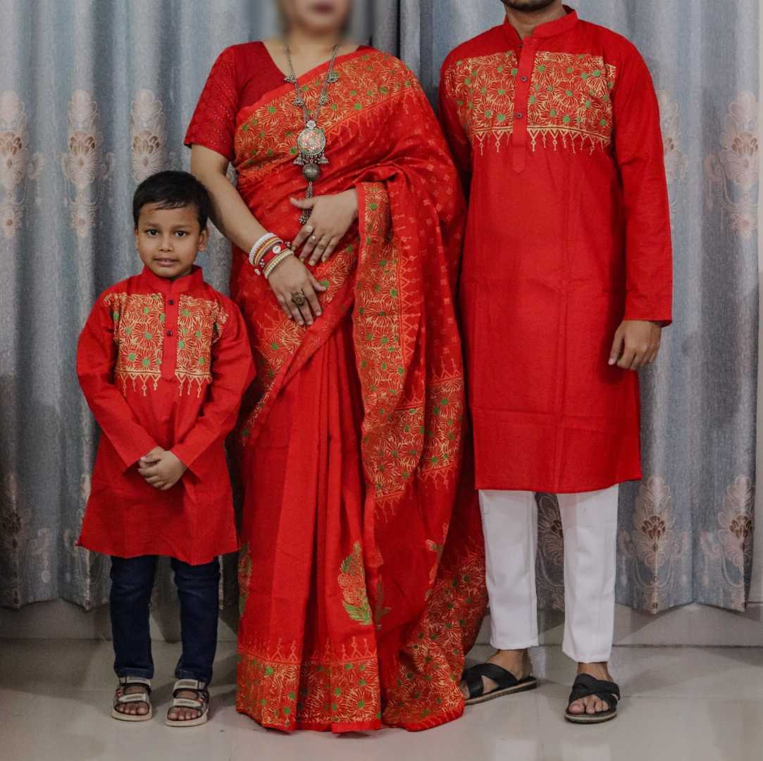 শাড়ী+সুতি,পাঞ্জাবি,ফ্যামিলি,সেট
