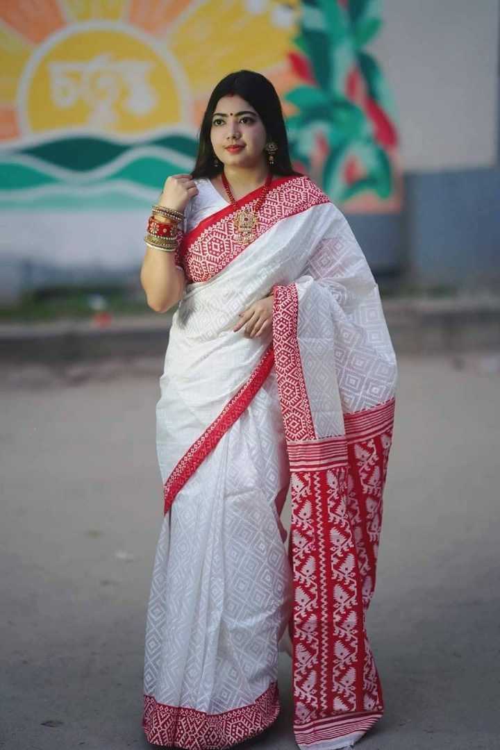 প্রিমিয়াম হাফ সিল্ক স্ক্রিন প্রিন্ট শাড়ি